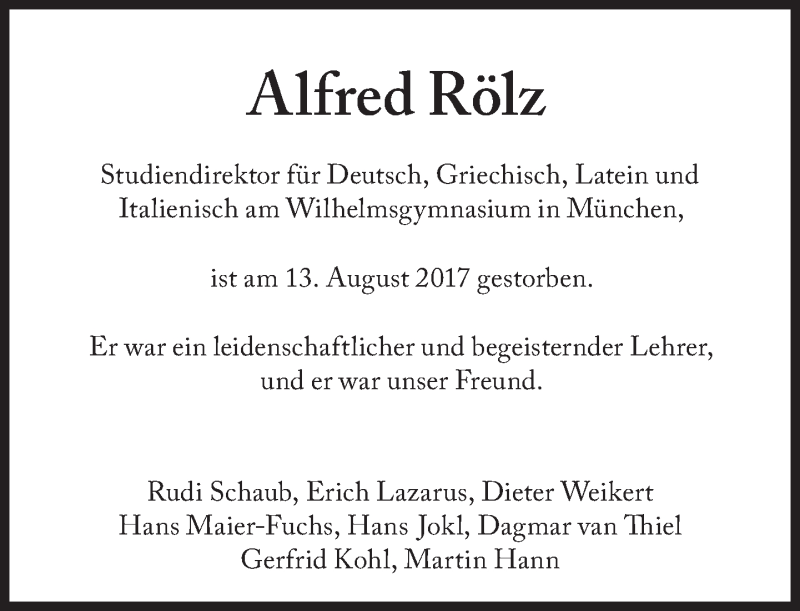  Traueranzeige für Alfred Rölz vom 23.09.2017 aus Süddeutsche Zeitung