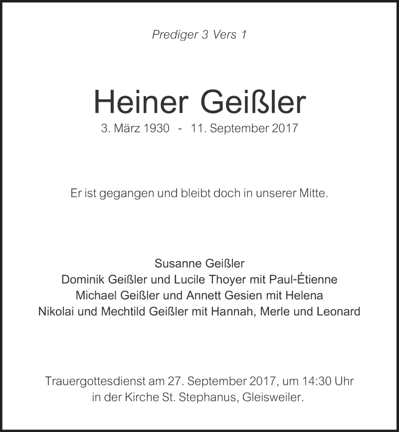  Traueranzeige für Heiner Geißler vom 16.09.2017 aus Süddeutsche Zeitung