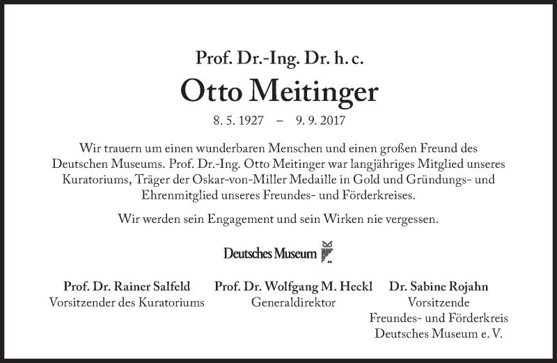  Traueranzeige für Otto Meitinger vom 15.09.2017 aus Süddeutsche Zeitung