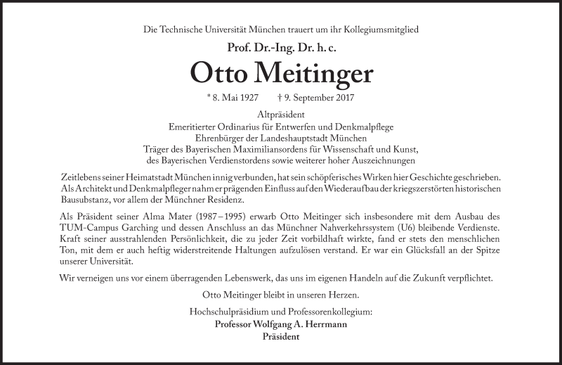  Traueranzeige für Otto Meitinger vom 15.09.2017 aus Süddeutsche Zeitung