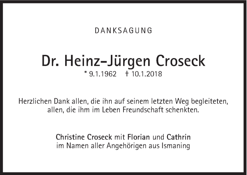  Traueranzeige für Heinz-Jürgen Croseck vom 27.01.2018 aus Süddeutsche Zeitung