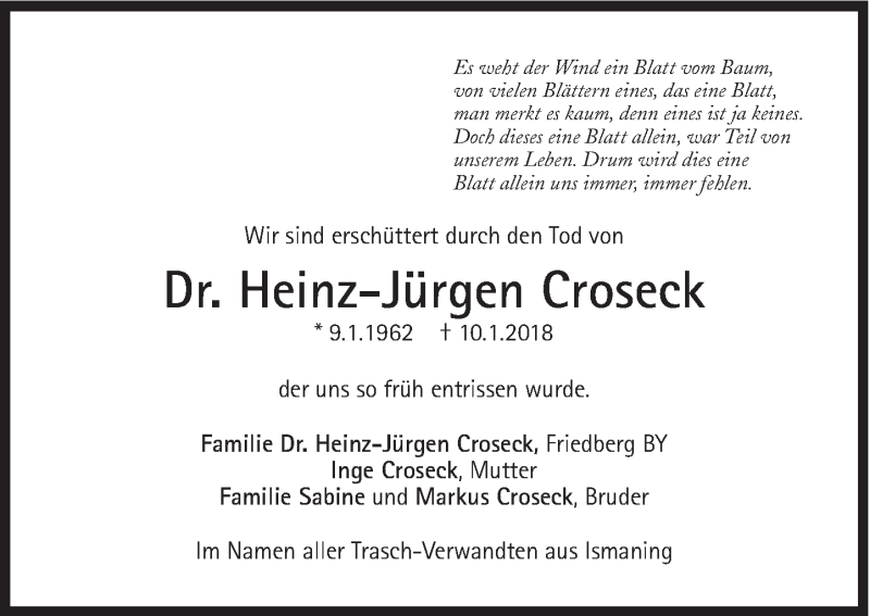  Traueranzeige für Heinz-Jürgen Croseck vom 13.01.2018 aus Süddeutsche Zeitung