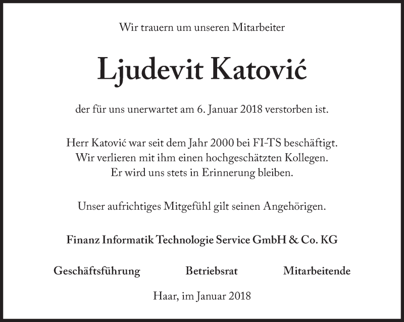  Traueranzeige für Ljudevit Katovic vom 13.01.2018 aus Süddeutsche Zeitung