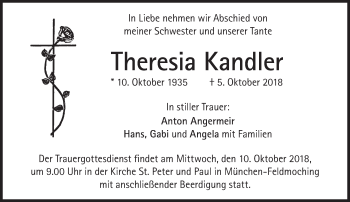 Traueranzeigen Von Theresia Kandler Sz Gedenken De