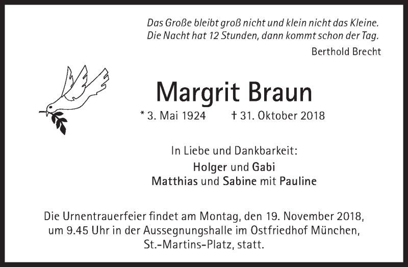 Traueranzeigen Von Margrit Braun Sz Gedenken De