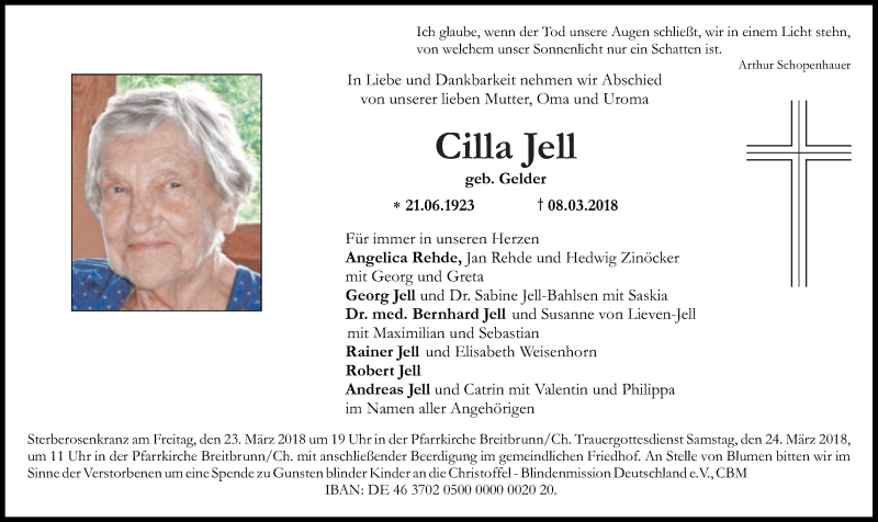  Traueranzeige für Cilla Jell vom 17.03.2018 aus Süddeutsche Zeitung