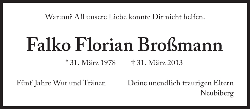  Traueranzeige für Falko Florian Broßmann vom 31.03.2018 aus Süddeutsche Zeitung