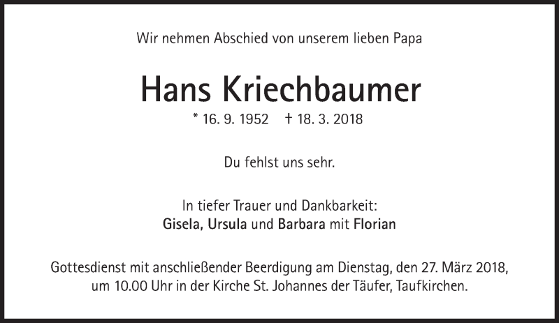  Traueranzeige für Hans Kriechbaumer vom 24.03.2018 aus Süddeutsche Zeitung