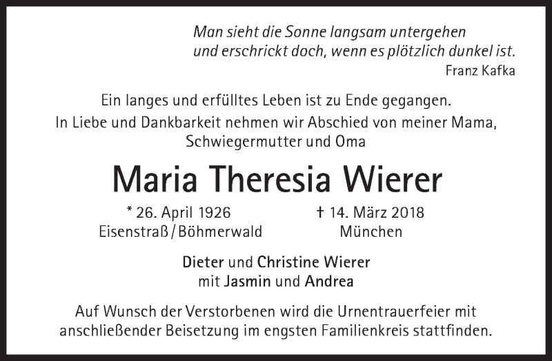  Traueranzeige für Maria Theresia Wierer  vom 24.03.2018 aus Süddeutsche Zeitung