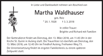 Traueranzeigen Von Martha Waldhauser Sz Gedenken De