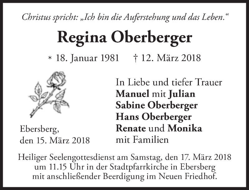  Traueranzeige für Regina Oberberger vom 15.03.2018 aus Süddeutsche Zeitung