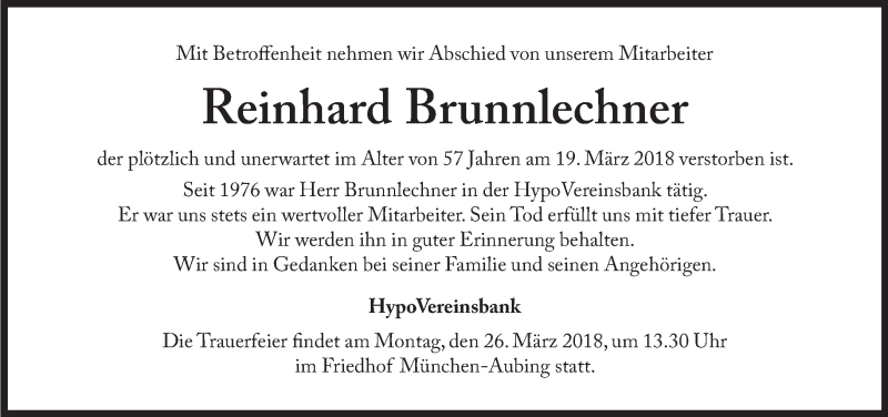  Traueranzeige für Reinhard Brunnlechner vom 23.03.2018 aus Süddeutsche Zeitung