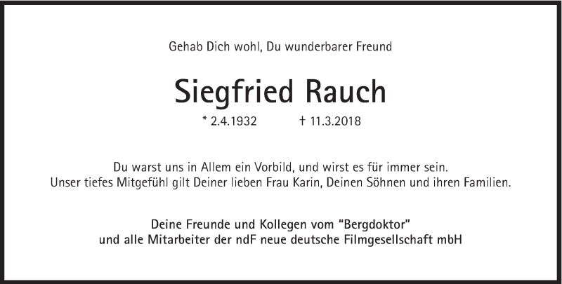  Traueranzeige für Siegfried Rauch vom 14.03.2018 aus Süddeutsche Zeitung