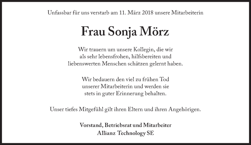  Traueranzeige für Sonja Mörz vom 15.03.2018 aus Süddeutsche Zeitung