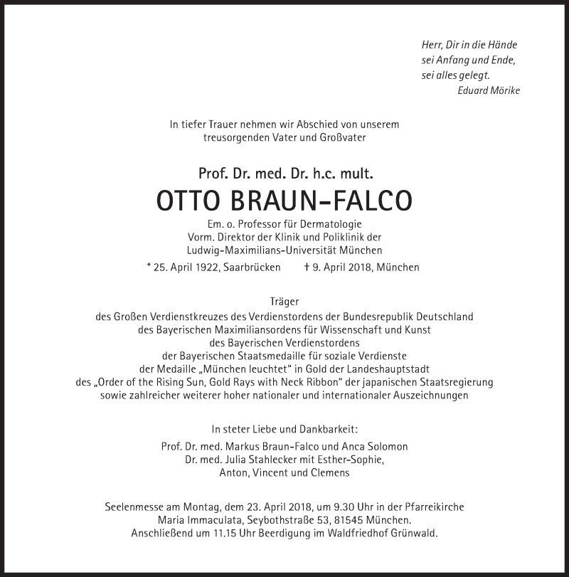  Traueranzeige für Braun-Falco Otto vom 14.04.2018 aus Süddeutsche Zeitung