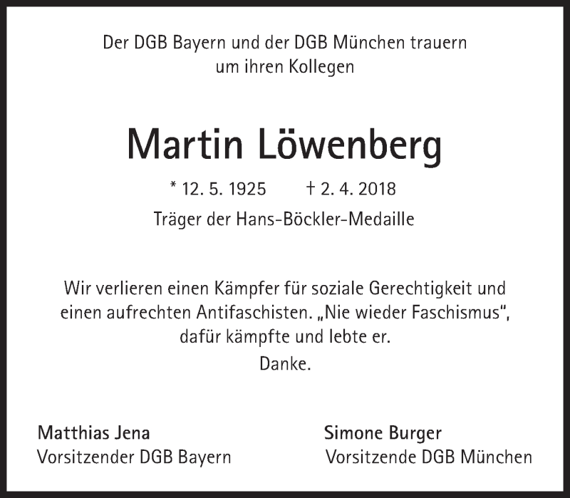  Traueranzeige für Martin Löwenberg vom 07.04.2018 aus Süddeutsche Zeitung