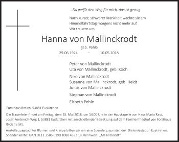 Traueranzeige von Hanna von Mallinckrodt von Süddeutsche Zeitung