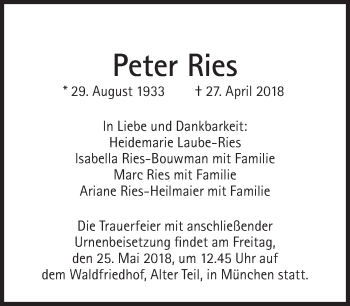 Traueranzeige von Peter Ries von Süddeutsche Zeitung