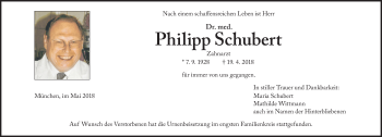 Traueranzeige von Philipp Schubert von Süddeutsche Zeitung
