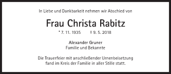 Traueranzeige von Christa Rabitz von Süddeutsche Zeitung