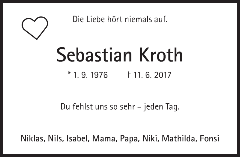  Traueranzeige für Sebastian Kroth vom 09.06.2018 aus Süddeutsche Zeitung