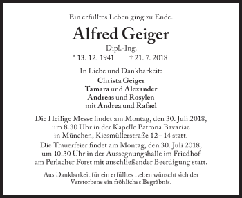 Traueranzeigen Von Alfred Geiger Sz Gedenken De