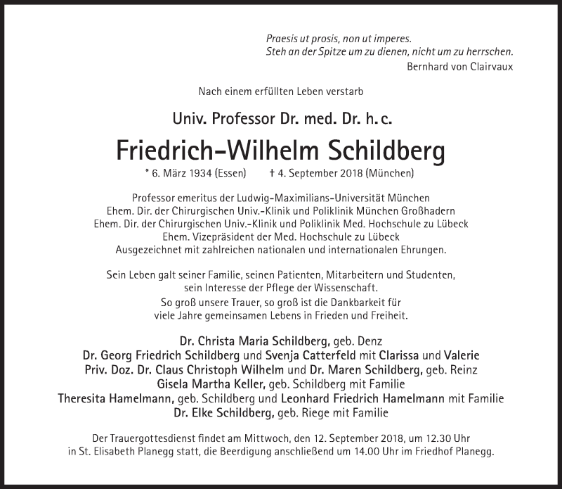  Traueranzeige für Friedrich-Wilhelm Schildberg vom 08.09.2018 aus Süddeutsche Zeitung