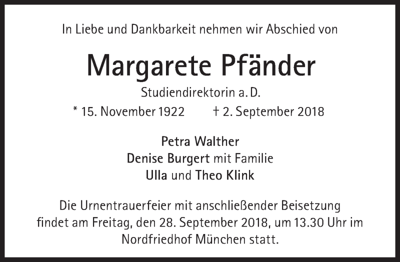 Traueranzeigen von Margarete Pfänder SZ Gedenken de