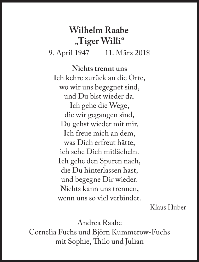  Traueranzeige für Wilhelm Raabe vom 11.03.2019 aus Süddeutsche Zeitung