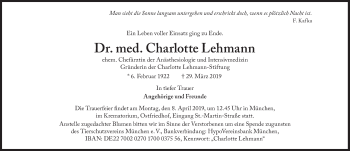Traueranzeige von Charlotte Lehmann von Süddeutsche Zeitung