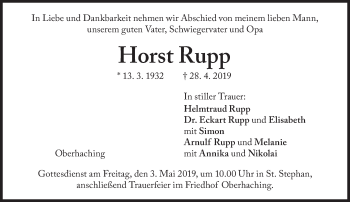 Traueranzeige von Horst Rupp von Süddeutsche Zeitung