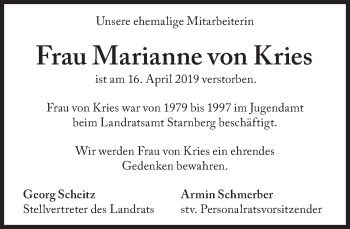 Traueranzeige von Marianne von Kries von Süddeutsche Zeitung