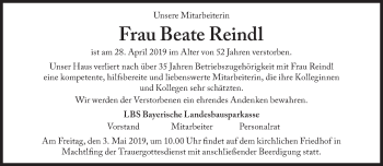 Traueranzeige von Beate Reindl von Süddeutsche Zeitung
