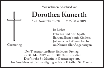 Traueranzeige von Dorothea Kunerth von Süddeutsche Zeitung