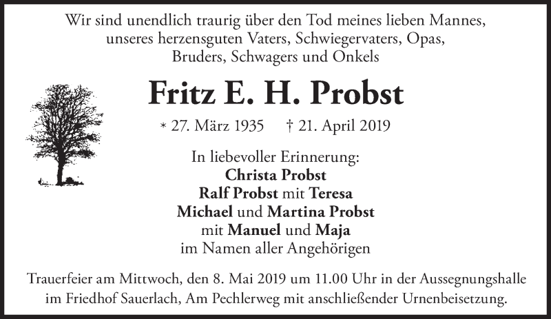 Traueranzeigen Von Fritz E H Probst Sz Gedenken De