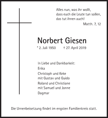 Traueranzeige von Norbert Giesen von Süddeutsche Zeitung
