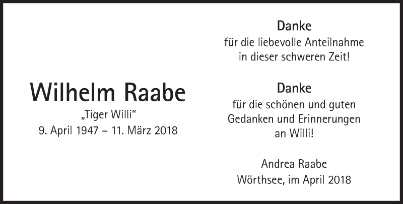  Traueranzeige für Wilhelm Raabe vom 17.04.2018 aus Süddeutsche Zeitung