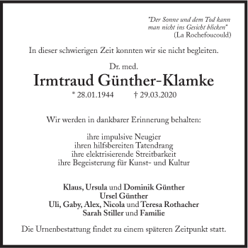 Traueranzeige von Irmtraud Günther-Klamke von Süddeutsche Zeitung