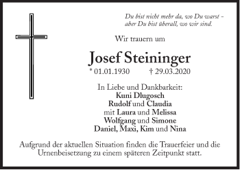 Traueranzeige von Josef Steininger von Süddeutsche Zeitung