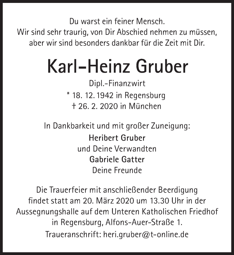 Traueranzeigen Von Karl Heinz Gruber Sz Gedenken De