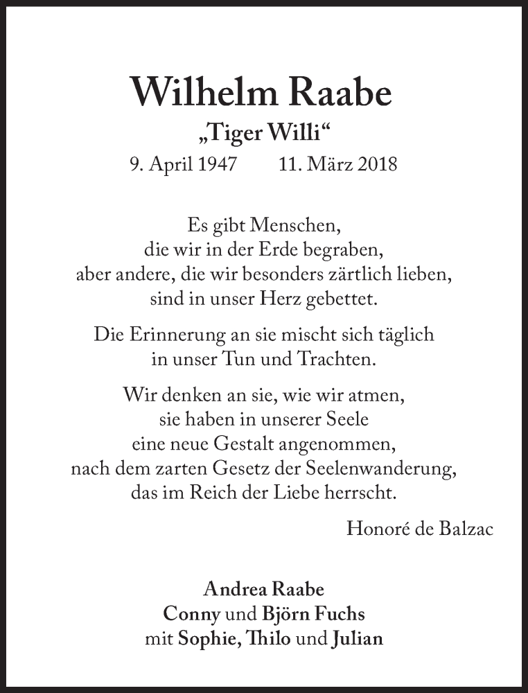  Traueranzeige für Wilhelm Raabe vom 11.03.2020 aus Süddeutsche Zeitung