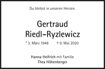 Traueranzeige von Gertraud Riedl-Ryzlewicz von Süddeutsche Zeitung