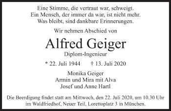 Traueranzeigen Von Alfred Geiger SZ Gedenken De