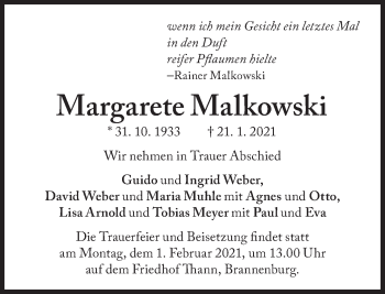 Traueranzeigen Von Margarete Malkowski Sz Gedenken De