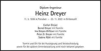 Traueranzeigen Von Heinz Dreyer SZ Gedenken De