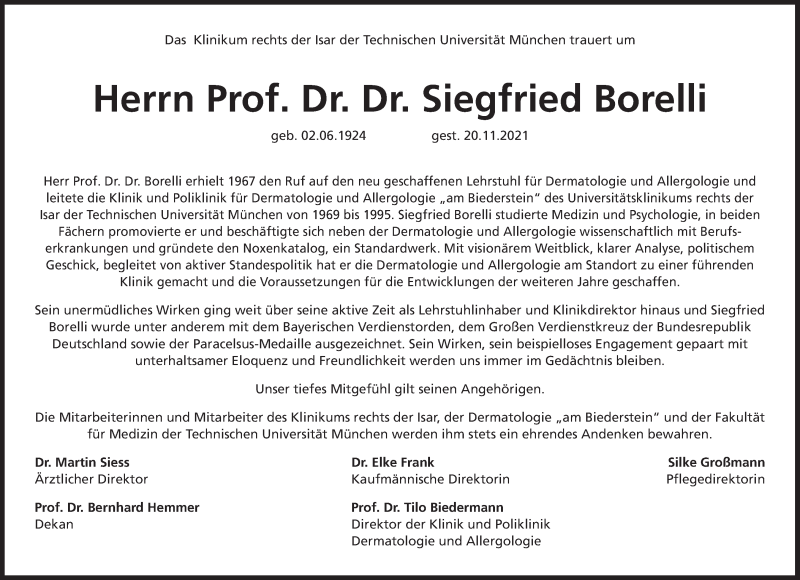  Traueranzeige für Siegfried Borelli vom 04.12.2021 aus Süddeutsche Zeitung