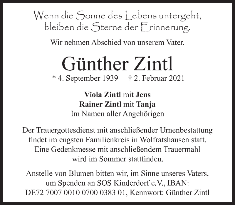 Traueranzeigen Von G Nther Zintl Sz Gedenken De