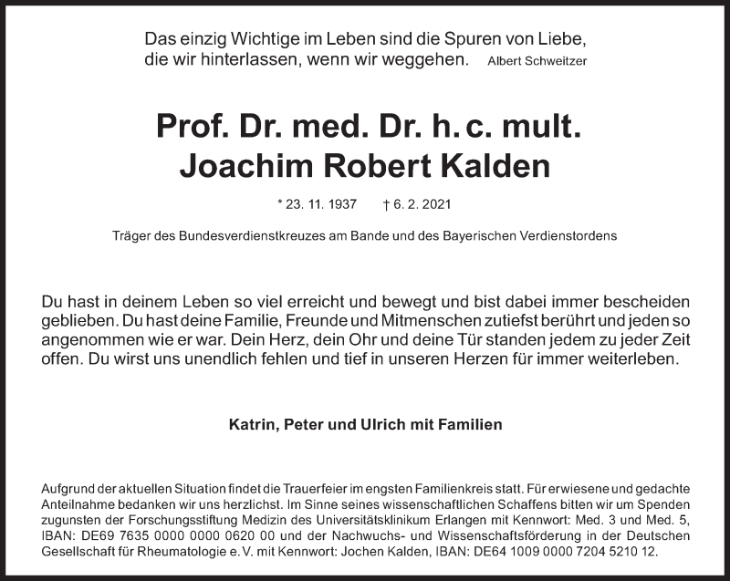  Traueranzeige für Joachim Robert Kalden vom 13.02.2021 aus Süddeutsche Zeitung