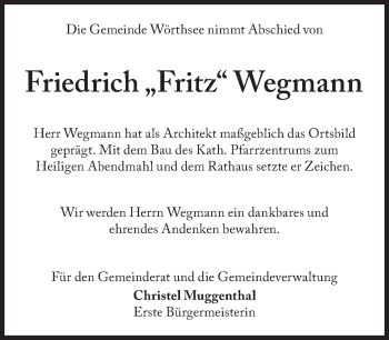 Traueranzeige von Fritz Wegmann von Süddeutsche Zeitung