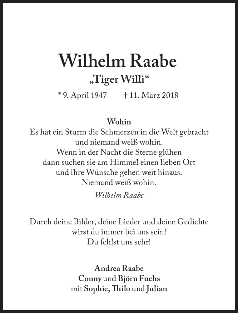  Traueranzeige für Wilhelm Raabe vom 11.03.2021 aus Süddeutsche Zeitung